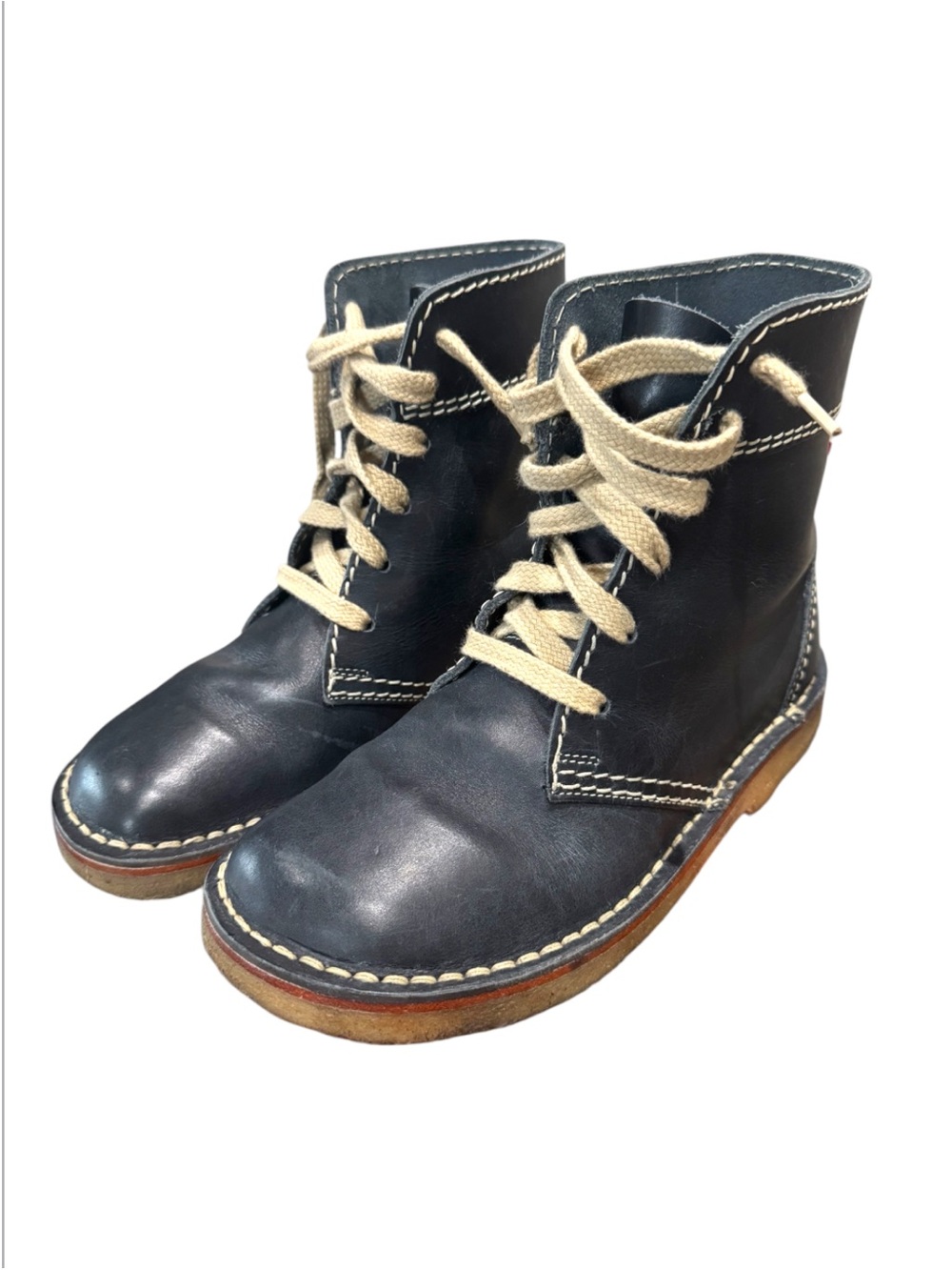 Navy Vintage Danish Leather Duck Boots Size 40 Navy Black Crepe Sole Lace Up